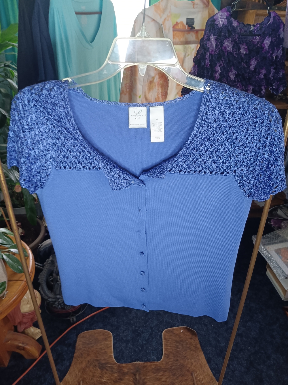 Emma James Royal Blue Button-Front Knit Top with Crochet Yoke
